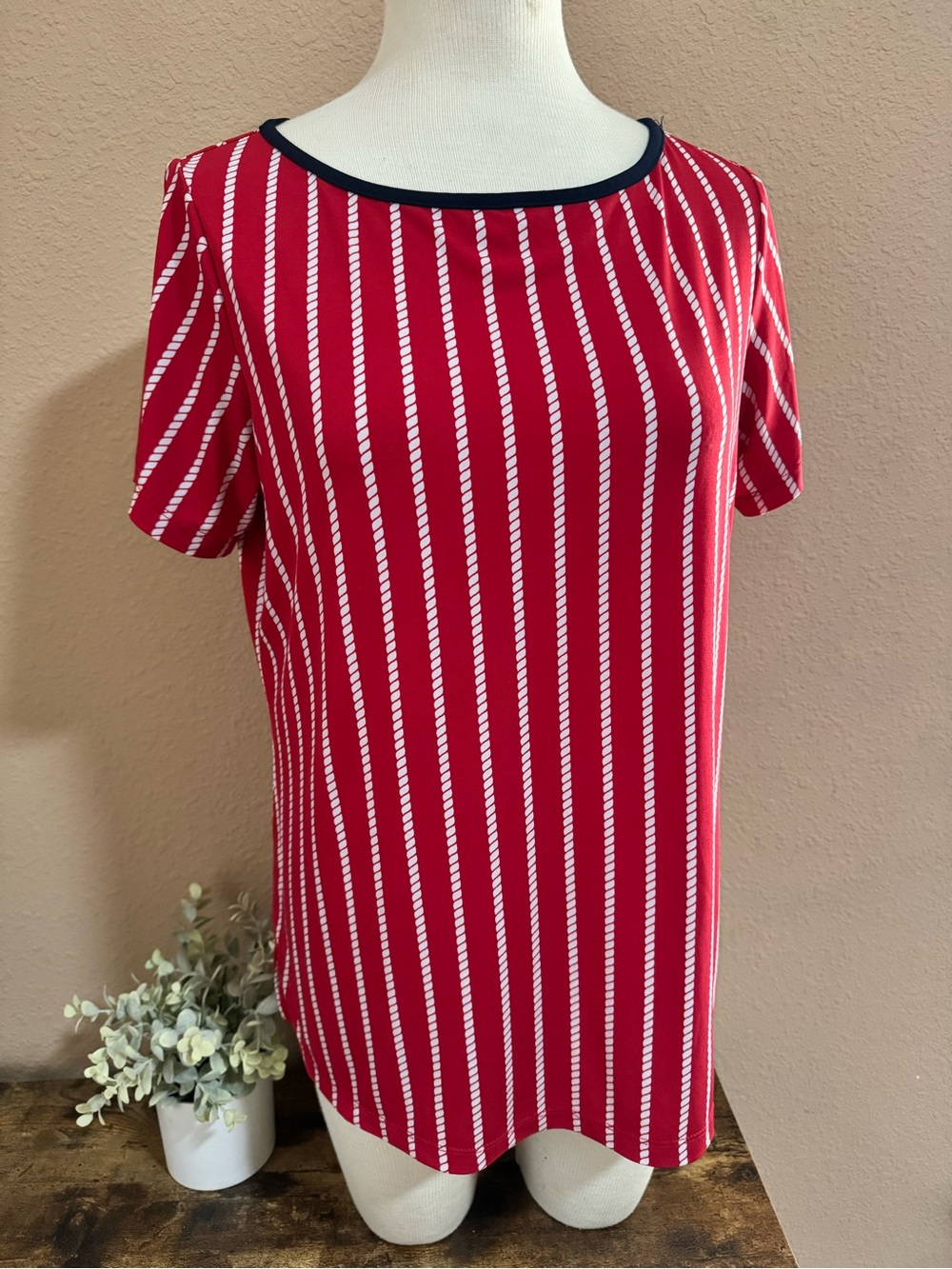 Susan Graver Red and White Vertical Stripe Short Sleeve Top with Navy Trim QVC